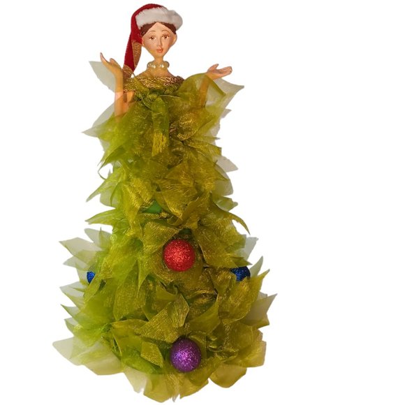 Vintage Lady in Christmas Tree Ribbon Dress Figurine - Picture 1 of 10